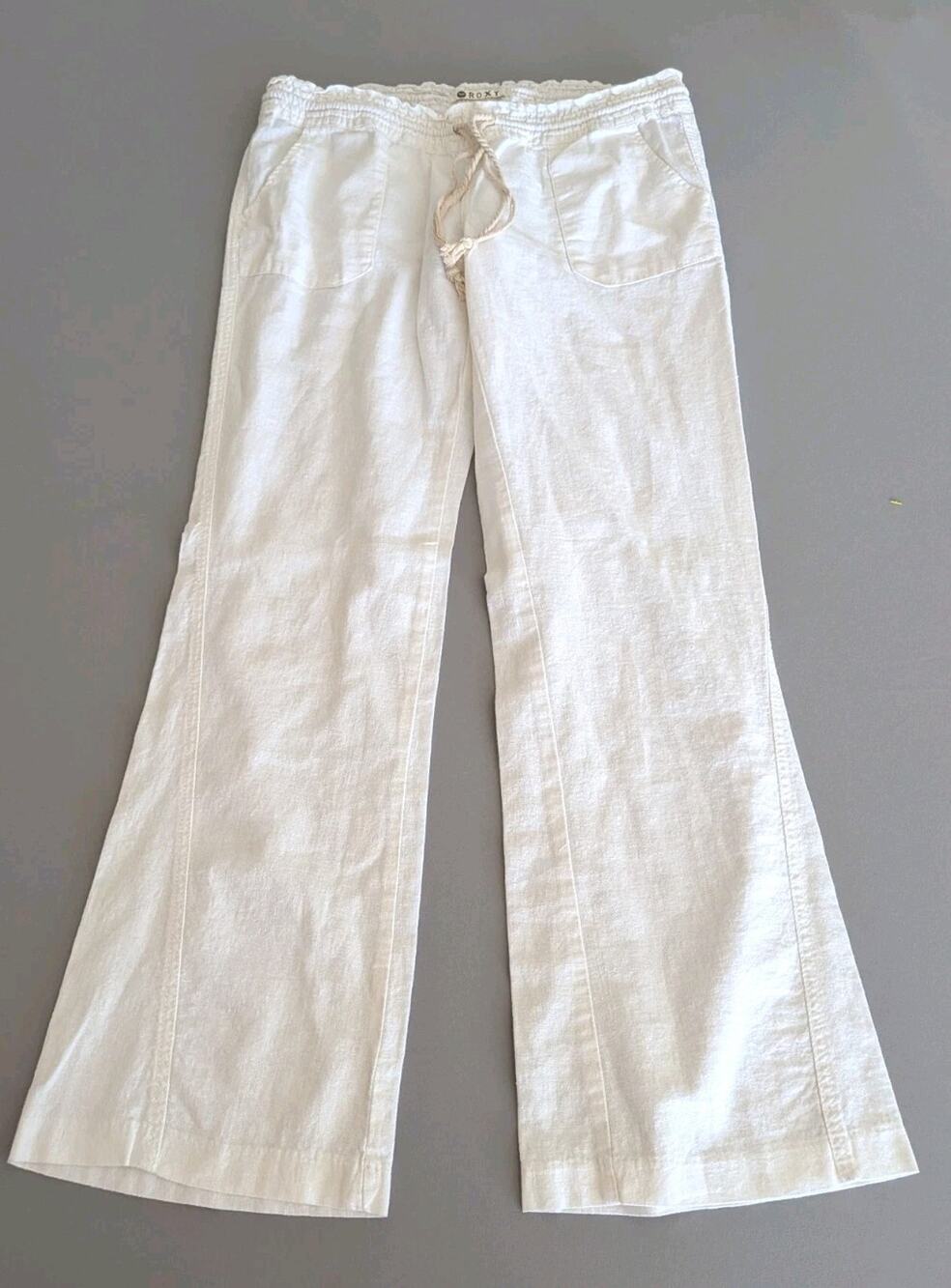ROXY White Linen Blend Drawstring Wide Leg Beach Resort Pants Large Low Rise